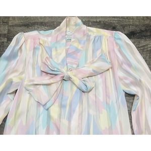 LaChine By Galinda Wang Blouse Sz 12 Chest 40” Bow Tie Neck Striped Button C17